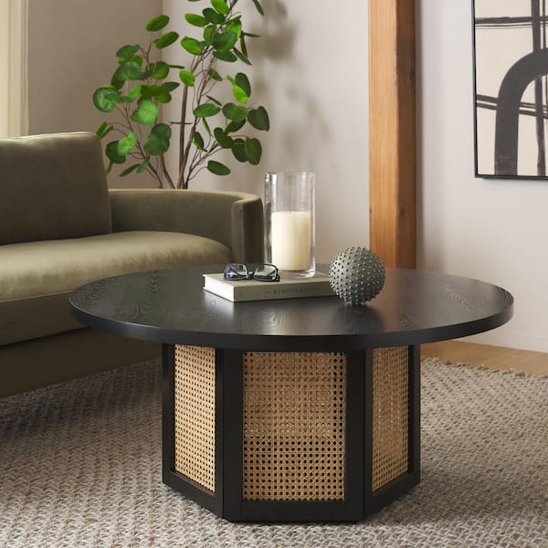 Danez 42 in. Black/Natural Round Wood Coffee Table