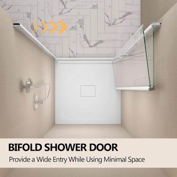 Zeafive 34 to 35-1/2 in. W x 72 in. H Frameless Bifold Shower Door Swing Pivot Small Alcove Shower Door in Chrome Clear Glass