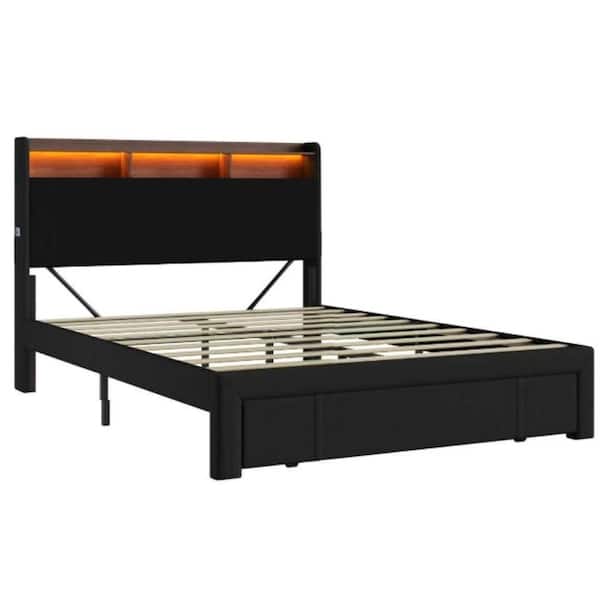 Black Full Upholstered Platform Bed Frame w/Drawers Storage Corduroy Headboard Charging Station LED Lights Wood Slats