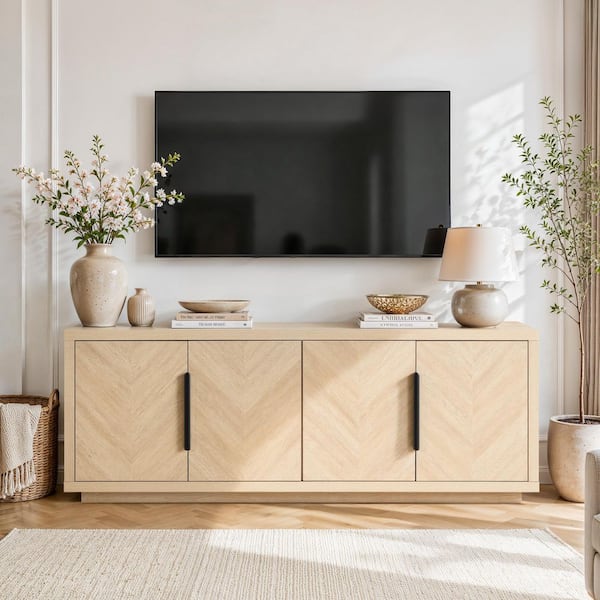 Natural 72 Inch TV Stand with Adjustable Shelves, Television Stand with 4 Doors and Anti Tip Design for Living Room