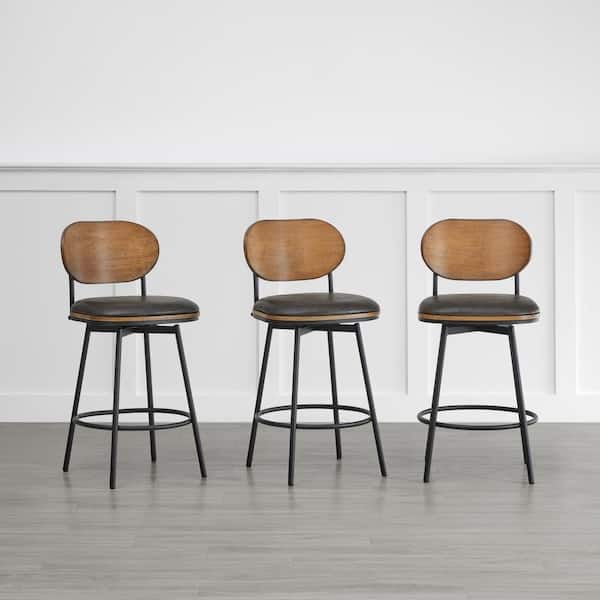 Aloysius 27 in. Dark Grey High Back Bar Stools Metal Swivel Counter Stools with Leather Seat (Set of 3)