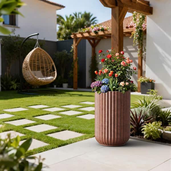 14in.W x 21.5in.H Concrete Dark Brown Flower Planter Extra Large Modern Design Tall Round Plant Pot with Drainage Hole