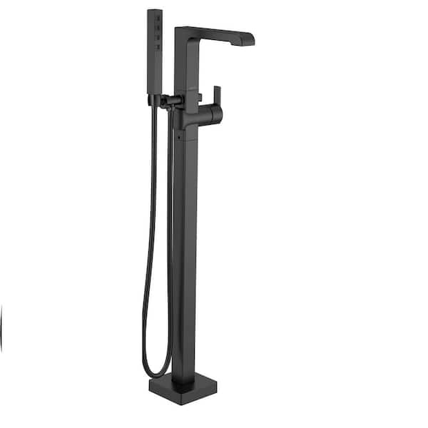 Ara 1-Handle Floor Mount Tub Filler Trim Kit with Handshower in Matte Black (Valve Not Included)