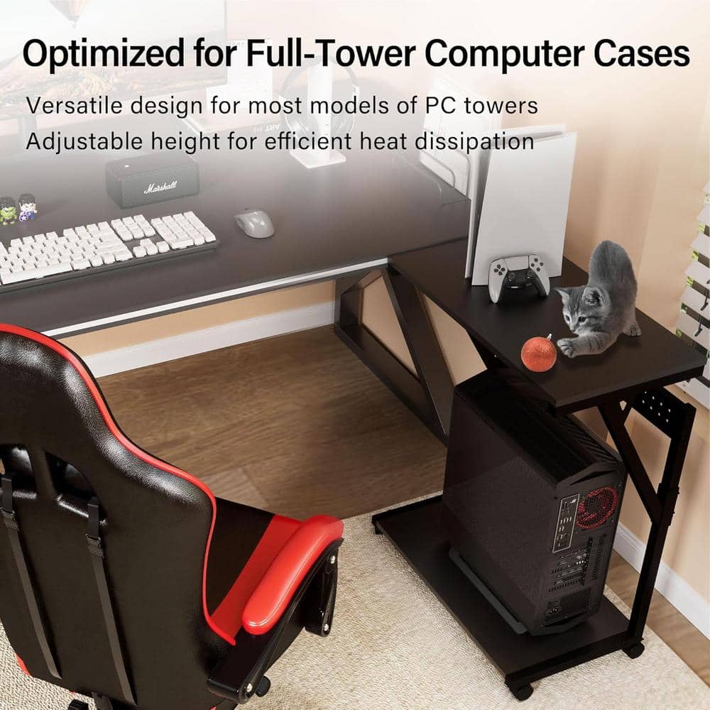 Adjustable Black Steel Computer Tower Stand with Rolling Wheels