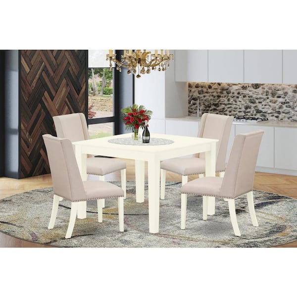 East West Furniture 5-Piece Linen White Finish Solid Wood Top - Dining Room Set with High Back - Seats 4