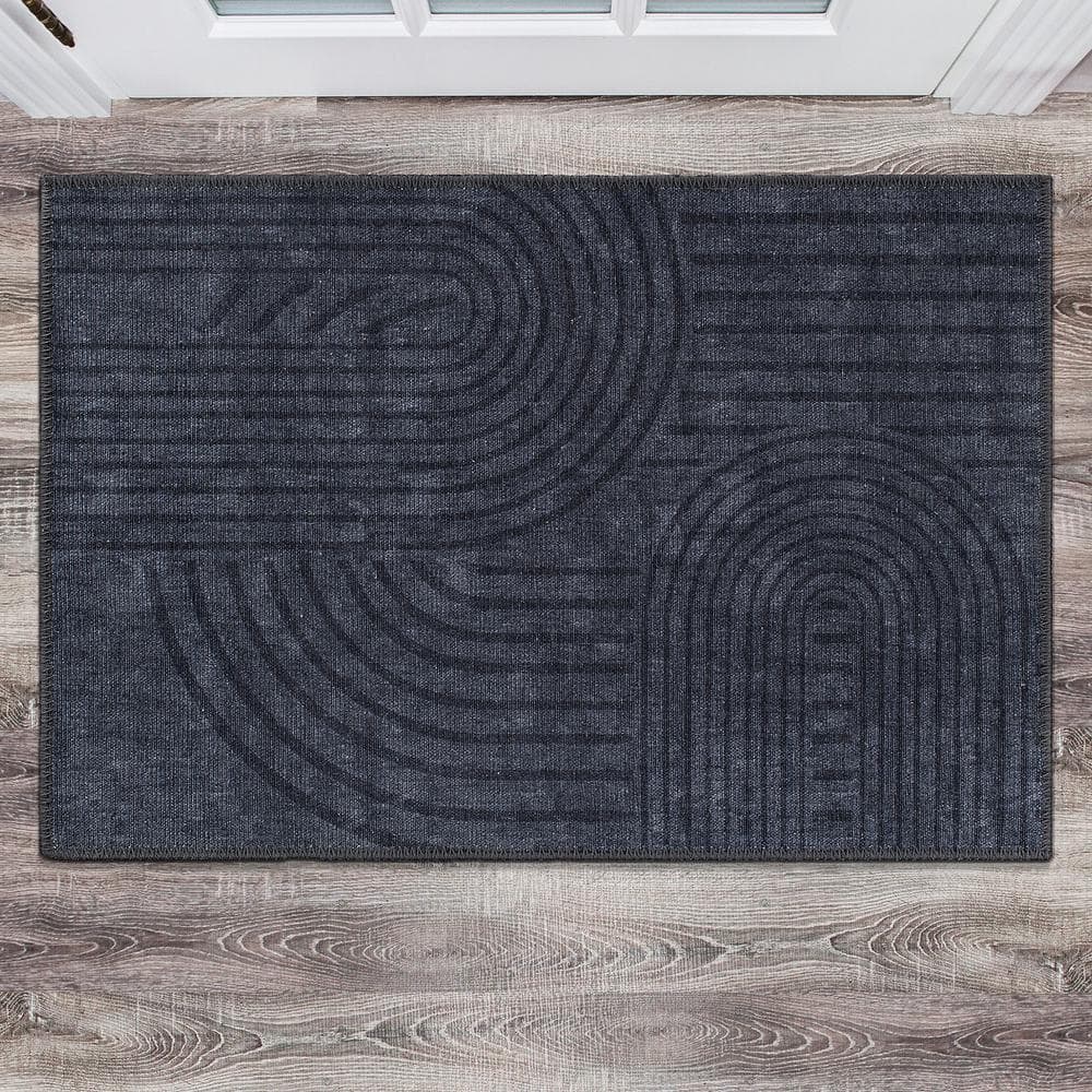Dark Blue Geometric Flat Woven Synthetic Rug 5' x 7'