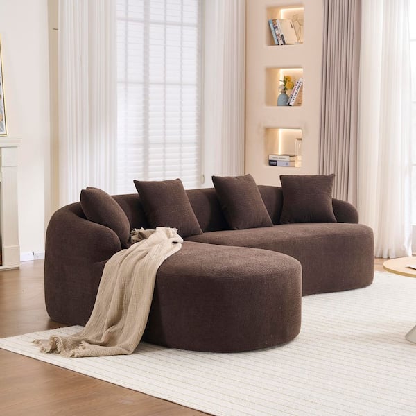 99 in. Chenille L-Shape Full Compression Sponge Sectional Sofa with Curved Chaise in. Brown