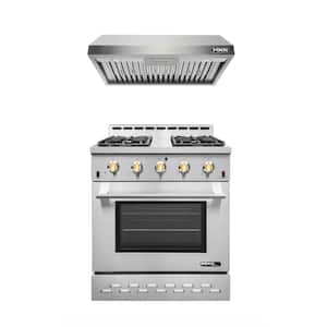 Entree Bundle 30 in. 4.5 cu.ft. Pro-Style Gas Range with Convection Oven and Range Hood in Stainless Steel and Gold