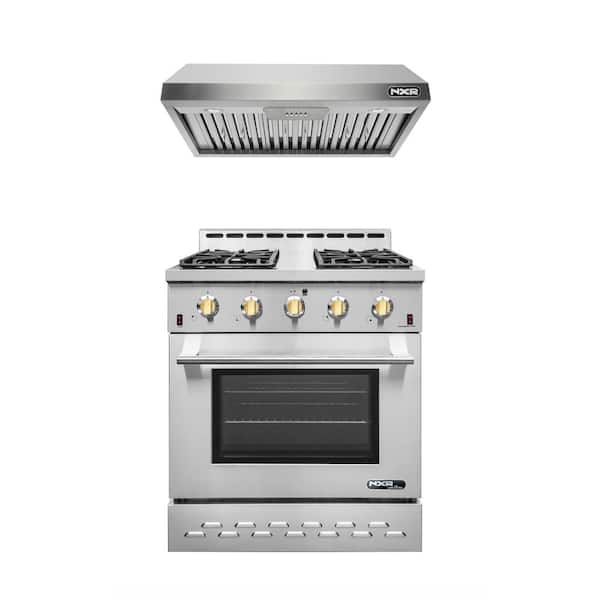 NXR Entree Bundle 30 in. 4.5 cu.ft. Pro-Style Gas Range with Convection Oven and Range Hood in Stainless Steel and Gold