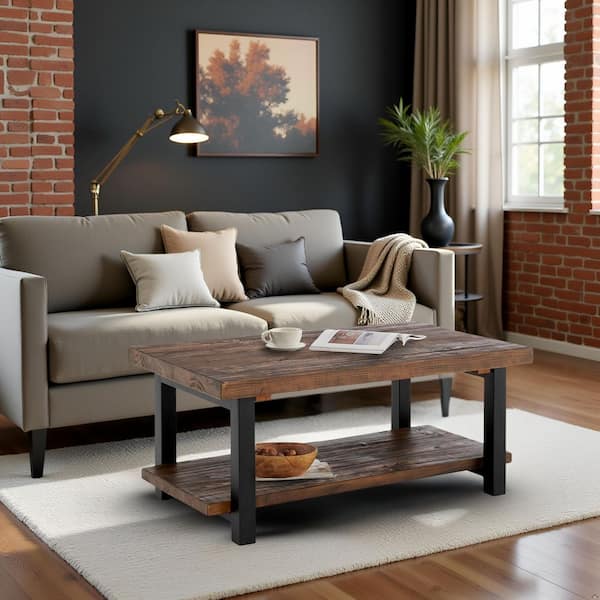 Alaterre Furniture - Pomona 42 in. Rustic/Natural Rectangle Wood Top Coffee Table with Shelf