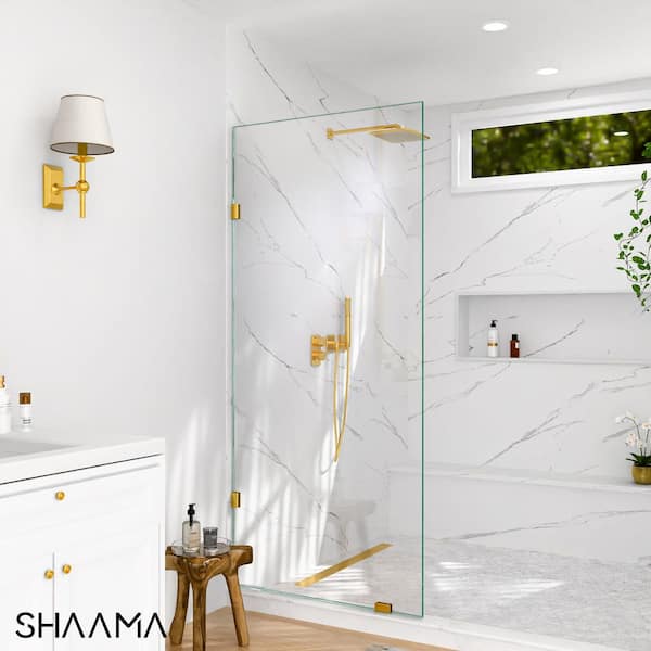 Linea 30 in. W x 78 in. H Frameless Fixed Single Panel Shower Screen Door in Brushed Gold with 3/8 in.(10mm) Clear Glass