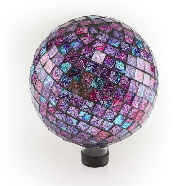 Alpine Corporation 10 in. Diameter Indoor/Outdoor Glass Mosaic Gazing Globe Yard Decoration, Purple Embossed Tile