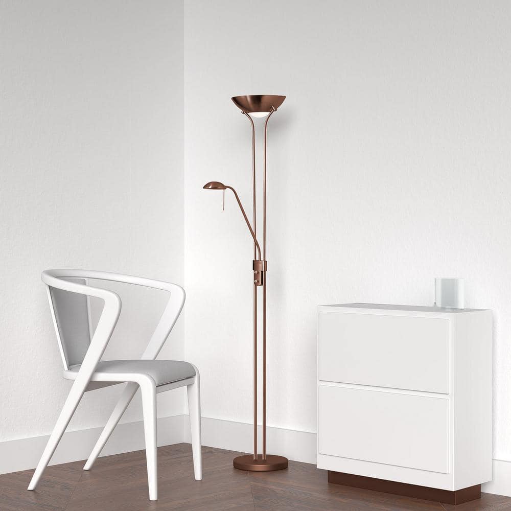 Oil Brushed Bronze Dual-Light Adjustable Floor Lamp with White Glass Accents