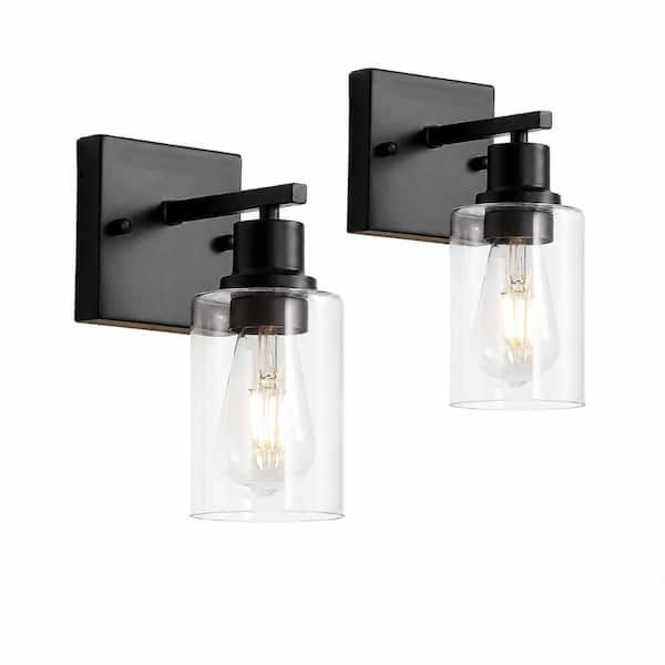 Matte Black Glass Shade Vanity Lights Set of 2, Farmhouse Wall Sconces for Bathroom Hallway