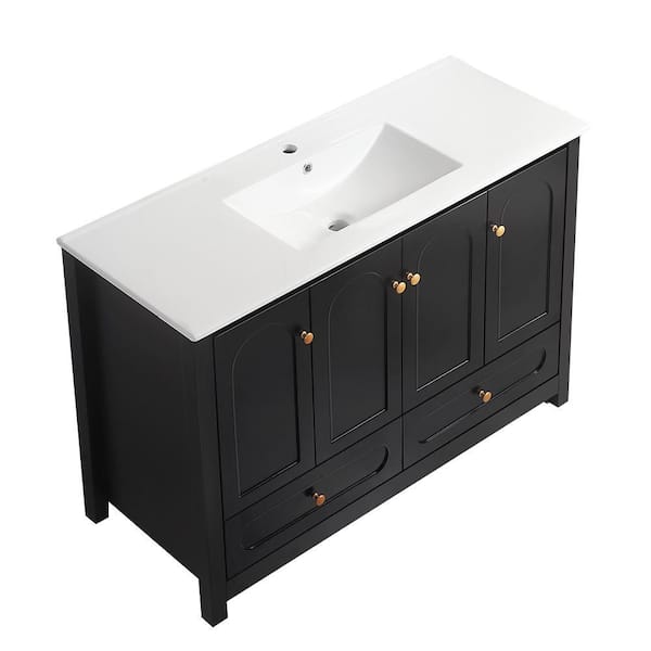 47.64 in. Single Sink Freestanding Black Bath Vanity with White Ceramic Top, 4 Soft-Close Doors, 2 Drawer, Unassembled