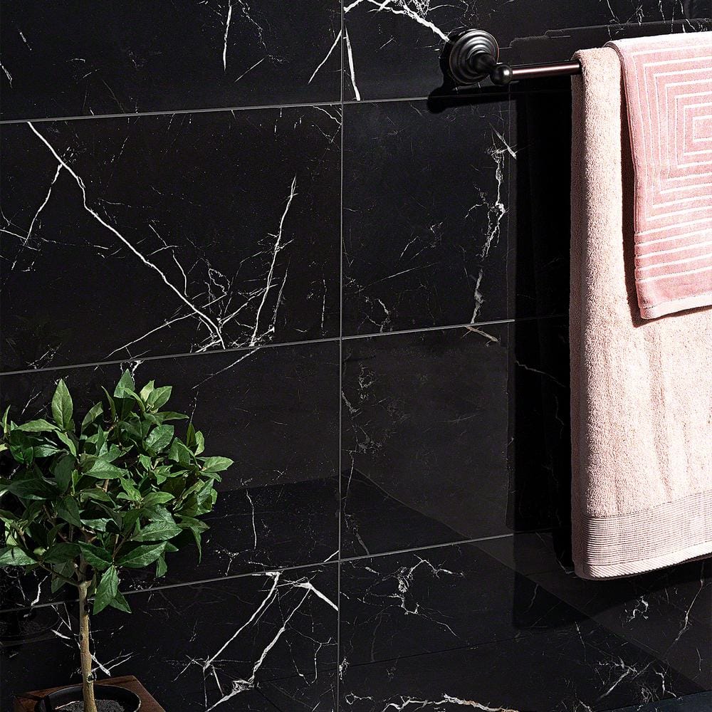 Grace Black Polished Porcelain Marble Look Tile 12" x 24"