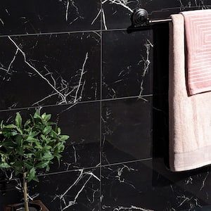 Marmo Black 11.81 in. x 23.62 in. Polished Marble Look Porcelain Floor and Wall Tile ( 11.62 sq.ft. / Case)