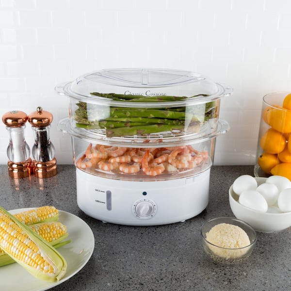 Classic Cuisine Food Steamer and Rice Cooker in one, Two-Tier Food Steamer  for Healthy Meals anytime, cooks Vegetables, Fish, Dumplings, Eggs and