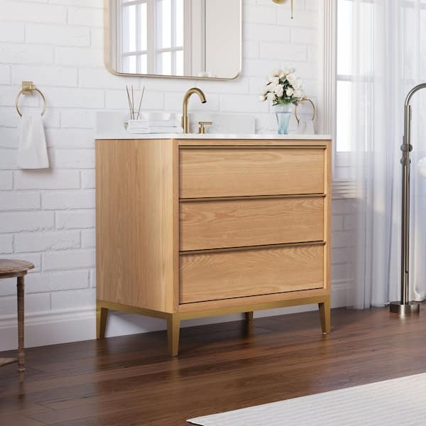 36 in.W x 22 in.D x 35 in.H Certified Single Sink Solid Wood Bath Vanity in OAK with White Quartz Top,Soft-Close Drawers