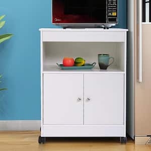 White Wooden Kitchen Microwave Cabinet Cart with Open Shelf and 2-Doors