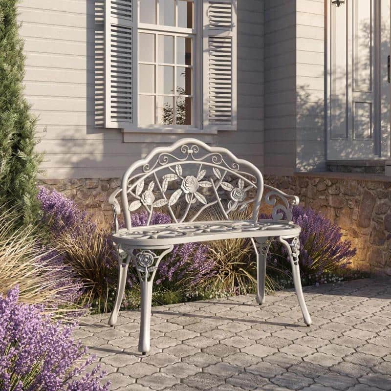 Elegant White Aluminium Rose Garden Bench, 39.3"