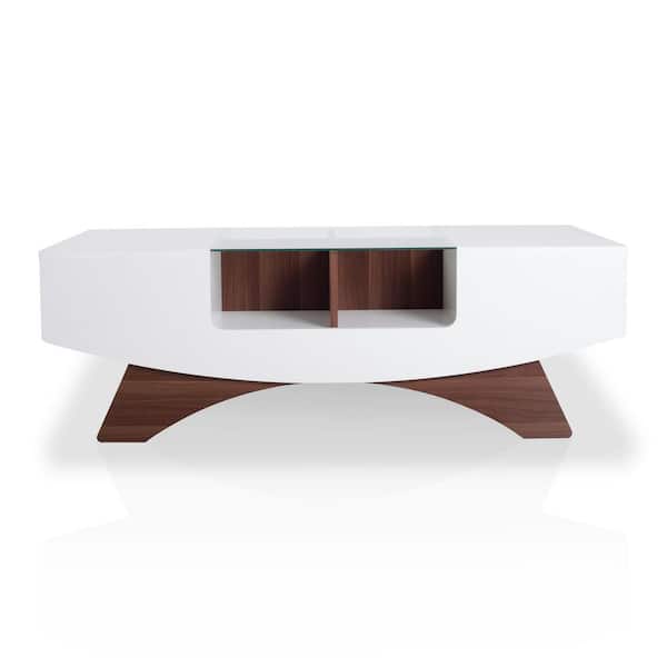 Furniture of America Montannah 48 in. White/Walnut Rectangle Glass Top Coffee Table with Shelves