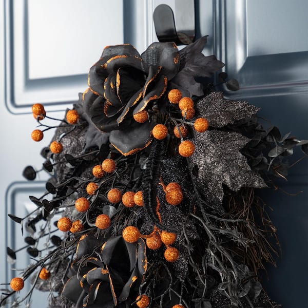 Glitzhome 28 in. H Black Rose and Berry Halloween Wreath