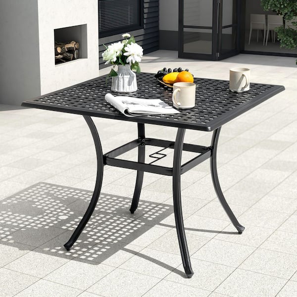 Black with Gold Speckles Cast Aluminum Square Outdoor Dining Table with Umbrella Hole and Mesh Tabletop