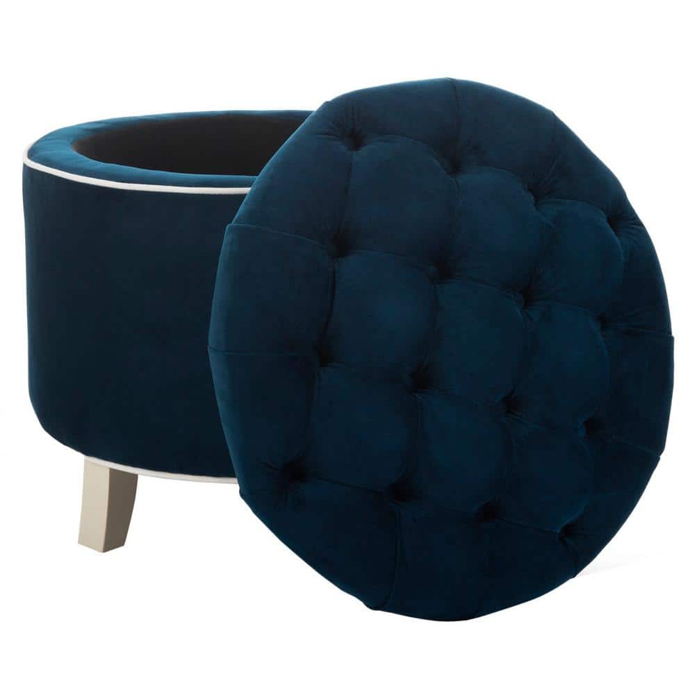 Transitional Black Tufted Round Storage Ottoman with Oak Legs