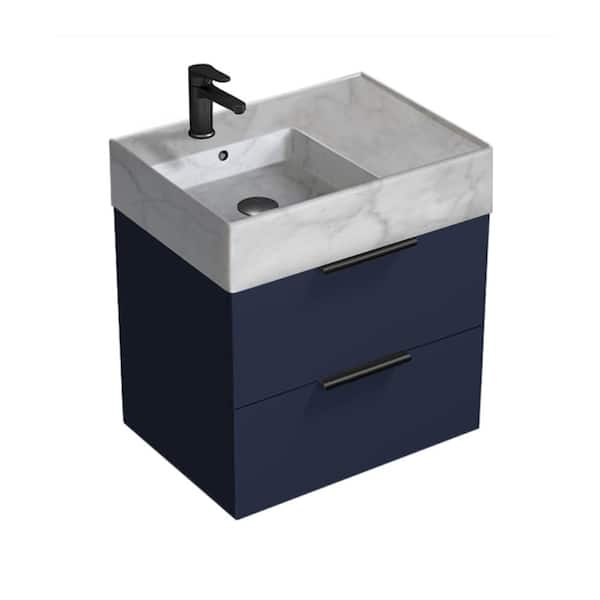 Nameeks Derin 23.6 in. W x 17.32 in. D x 25.2 in. H Modern Wall Mounted Bathroom Vanity in Night Blue with White Ceramic Top
