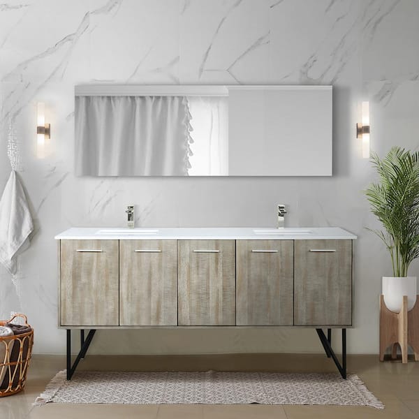Lexora Lancy 72 in W x 20 in D Rustic Acacia Double Bath Vanity, White Quartz Top and Brushed Nickel Faucet Set