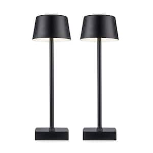14.25 in. Black Rechargeable Integrated LED Indoor/Outdoor Table Lamp with Metal Shade and USB Charging Port (2-Pack)