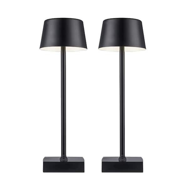 14.25 in. Black Rechargeable Integrated LED Indoor/Outdoor Table Lamp with Metal Shade and USB Charging Port (2-Pack)