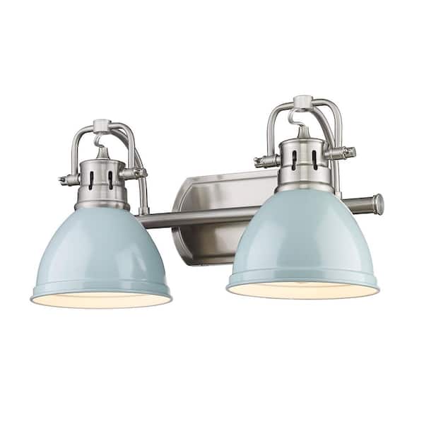 Golden Lighting Duncan 8.5 in. 2-Light Pewter Vanity Light with Seafoam Shades