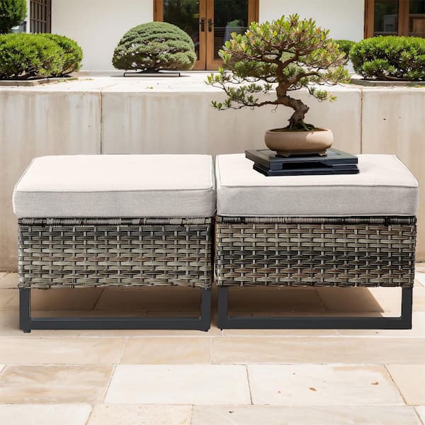 Opohoro U-Weave Metal and Gray Wicker Outdoor Ottoman with Olefin Beige Cushion (2-Pack)