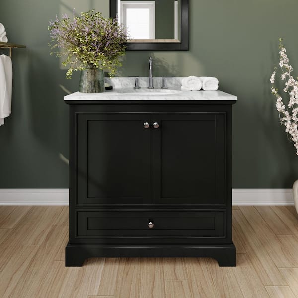 Wyndham Collection Deborah 36 in. Single Vanity in Dark Espresso with Marble Vanity Top in White Carrara with White Basin and Med Cabinet