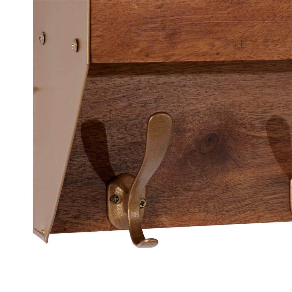 Golden Brown Industrial Iron & Wood Wall Shelf with Hooks
