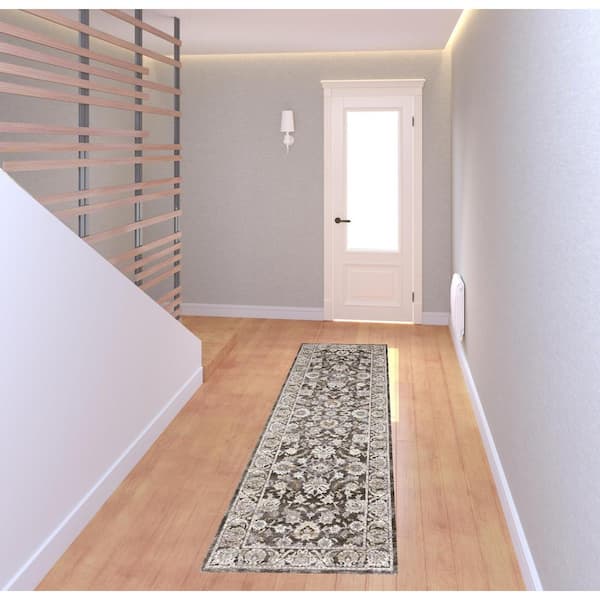 2' X 8' Grey And Ivory Oriental Power Loom Stain Resistant Runner Rug With Fringe