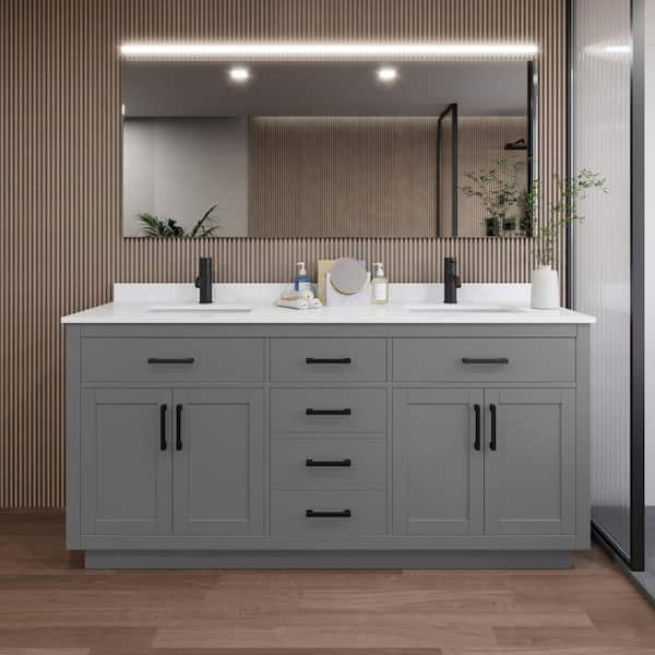 Beckett TK 72 in. W x 22 in. D x 35 in. H Double Sink Bath Vanity in Dark Gray with Matte Black Trim White Quartz Top