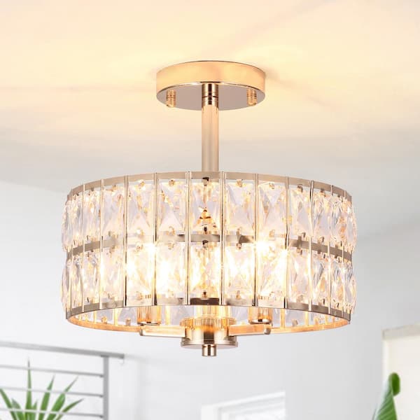 ZJVAIVE 12.59 in. 3-Light Golden Round Drum Semi-Flush Mount Ceiling Light with Clear Crystal and No Bulbs Included