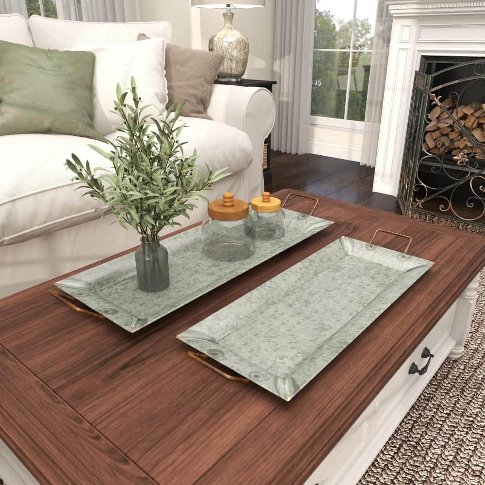 Gray Rectangular Metal Serving Tray Set with Gold Trim