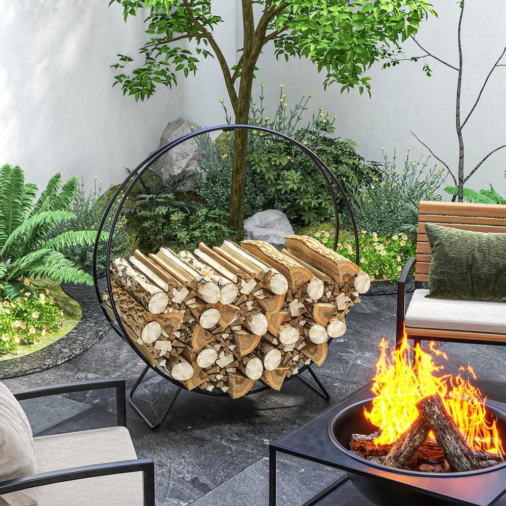 Black Powder Coated Steel 40" Firewood Rack with Waterproof Cover