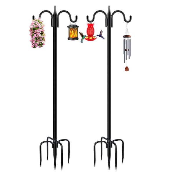 2-Pack 92 in. Heavy Duty Iron Double Shepherds Hook for Outdoor Garden with Adjustable Height, 5 Prongs for Stability