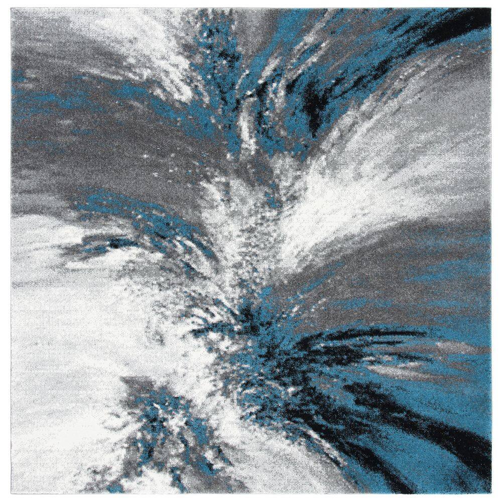 Abstract Blue and Grey Square Synthetic Area Rug