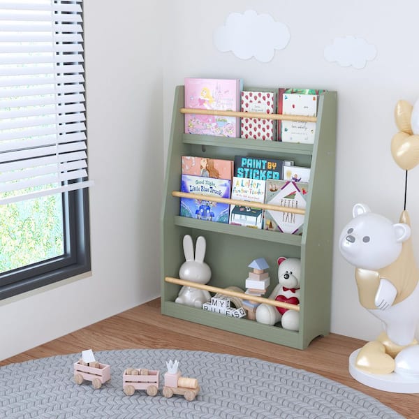 Mero 31.88 in. Tall Sage MDF Wood 3-Tier Freestanding Kids Bookcase with Open Shelves