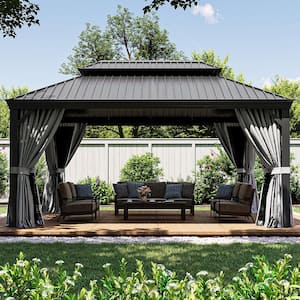 12 ft. x 16 ft. Grey Aluminum Hardtop Gazebo Galvanized Steel Roof with Curtain and Mosquito Net