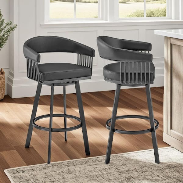 Armen Living Chelsea 26 in. Black High Back Metal Swivel Counter Stool with Faux Leather Seat