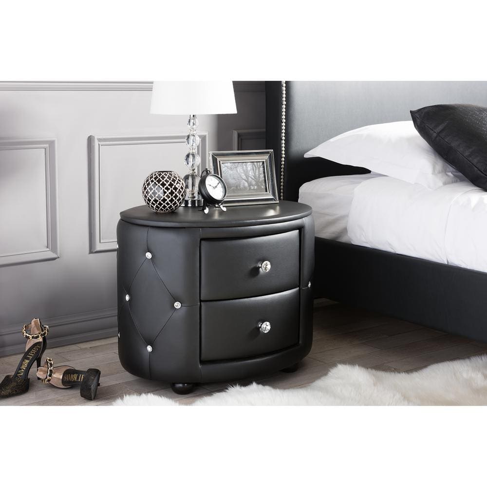 Davina Glam Black Faux Leather Tufted Nightstand with Crystal Knobs
