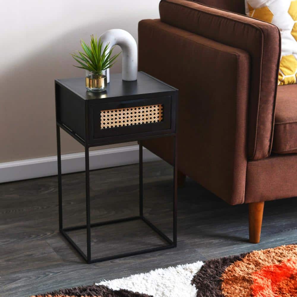 Compact Black Mango Wood Nightstand with Woven Cane Drawer