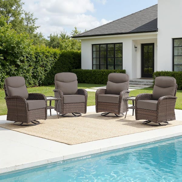 High Crescent 6-Piece Brown Swivel Wicker Patio Conversation Set Outdoor Rocking Chair with Gray Cushions